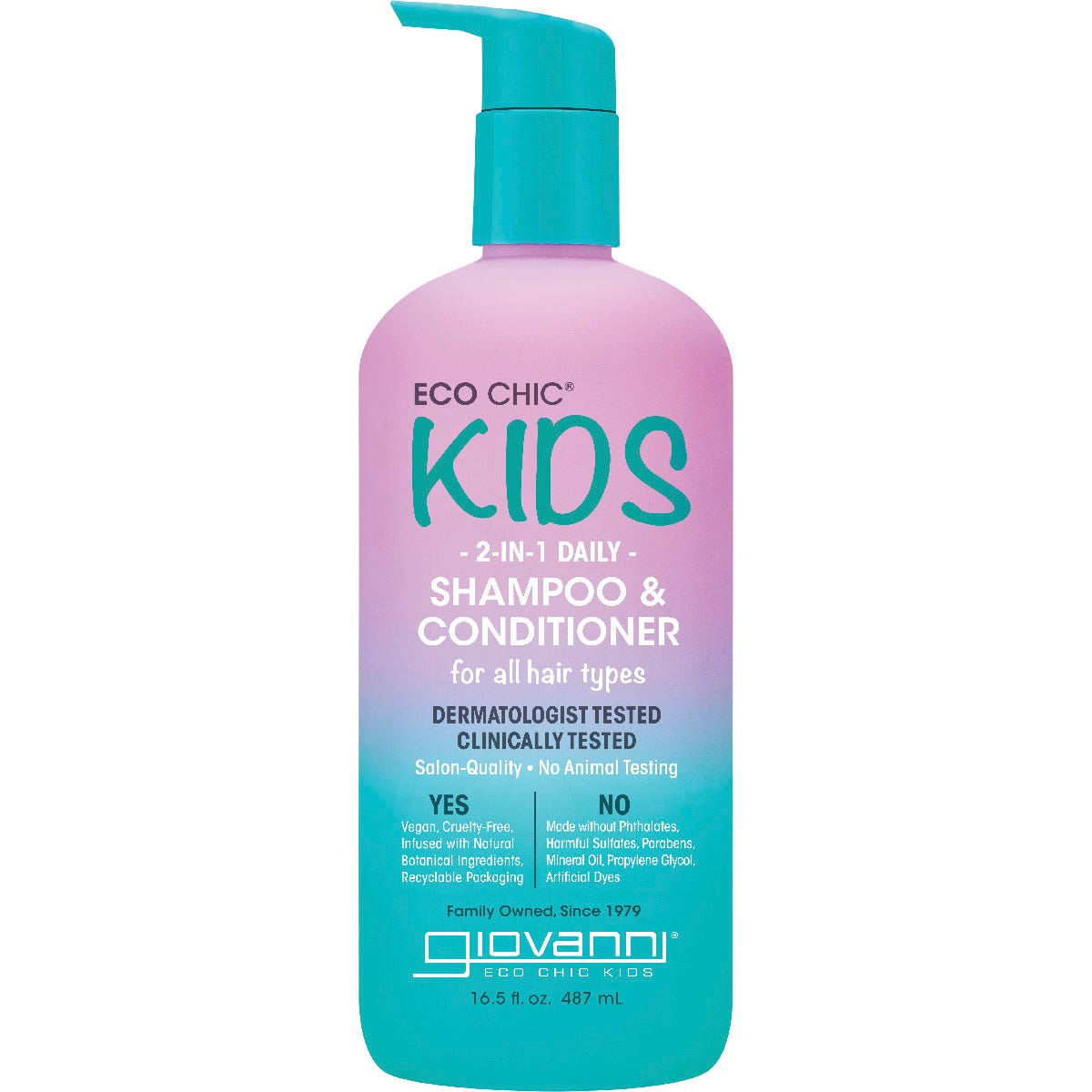 Giovanni Eco Chic Kids 2-in-1 Shampoo & Conditioner 487ml bottle with watermelon and strawberry illustrations.