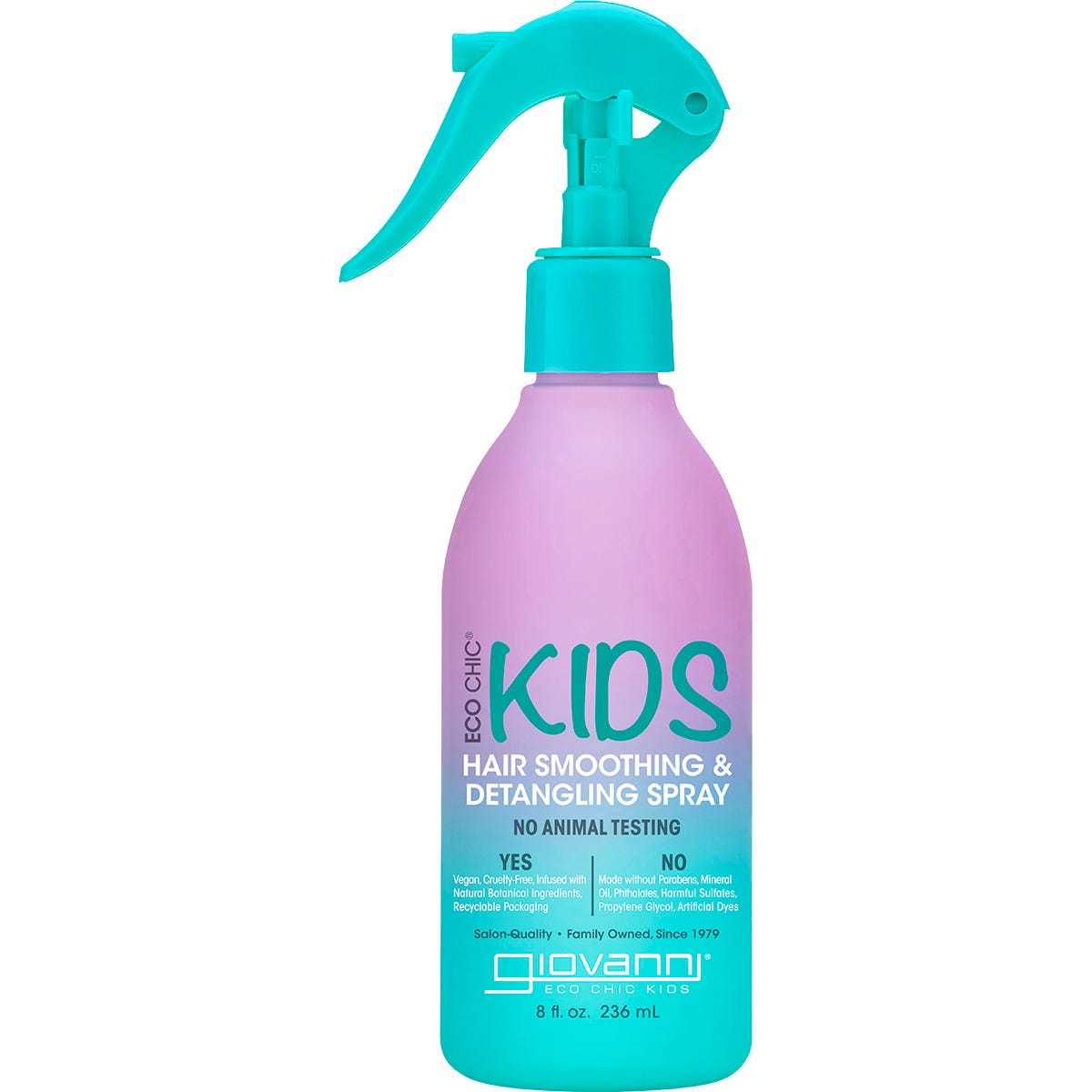 Giovanni Eco Chic Kids Hair Smoothing & Detangling Spray 236ml bottle with watermelon and strawberry illustrations.