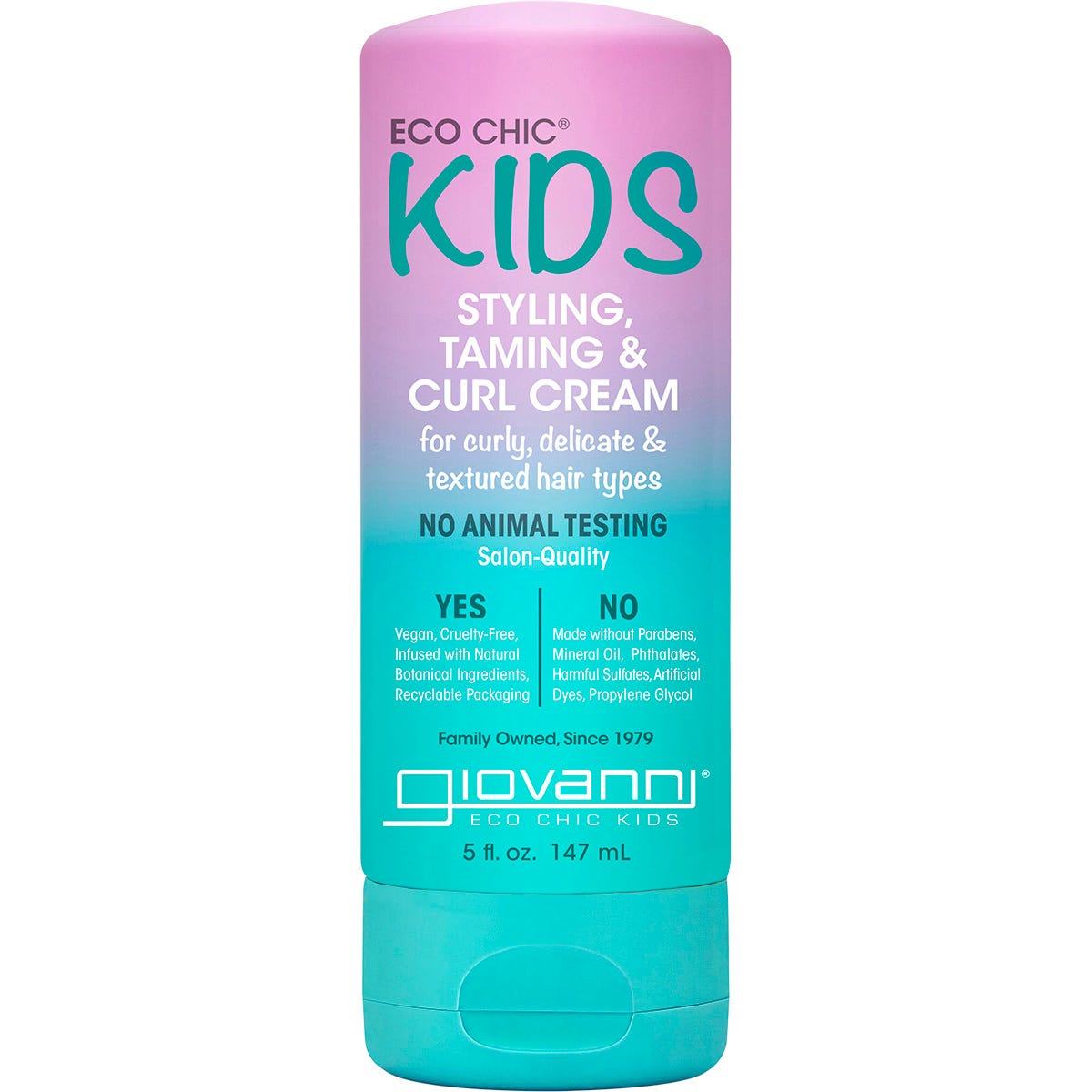 Giovanni Eco Chic Kids Styling, Taming & Curl Cream 147ml bottle with a pink and white label for curly hair.