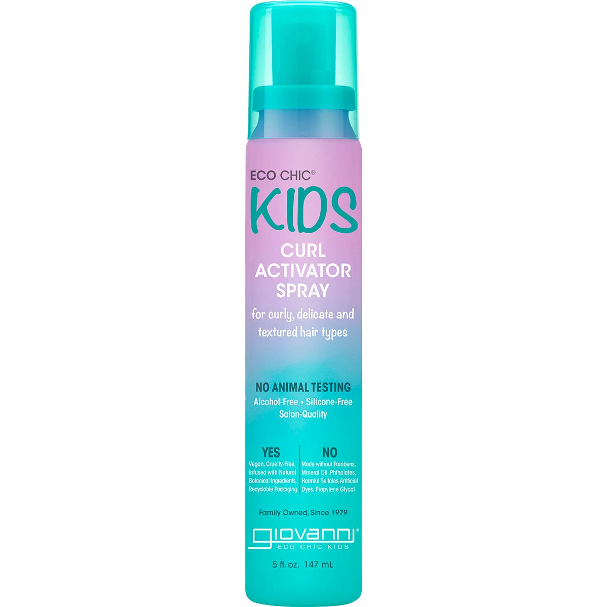 147ml bottle of Giovanni Eco Chic Kids Curl Activator Spray with a purple pump and botanical illustrations.
