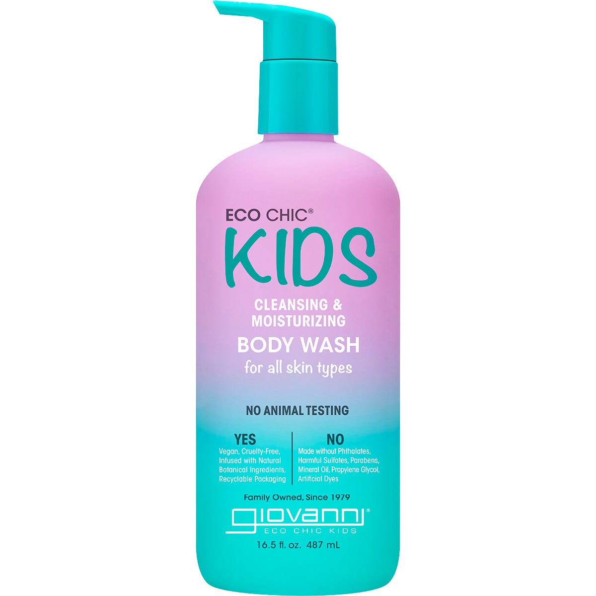 487ml bottle of Giovanni Eco Chic Kids Cleansing and Moisturizing Body Wash with watermelon and strawberry.