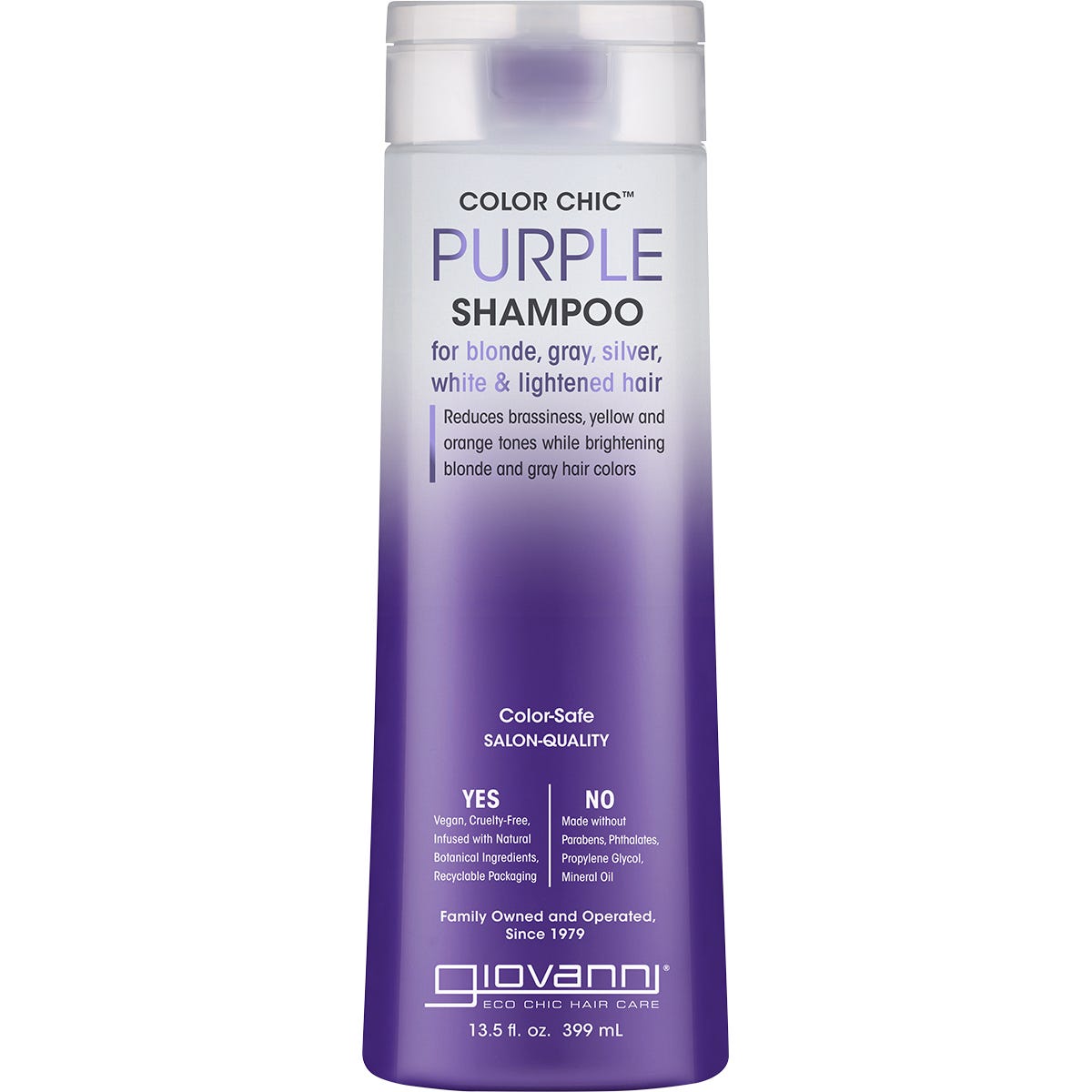 Giovanni Color Chic Purple Shampoo 399ml bottle for blonde and silver hair, featuring a vibrant purple and white label.