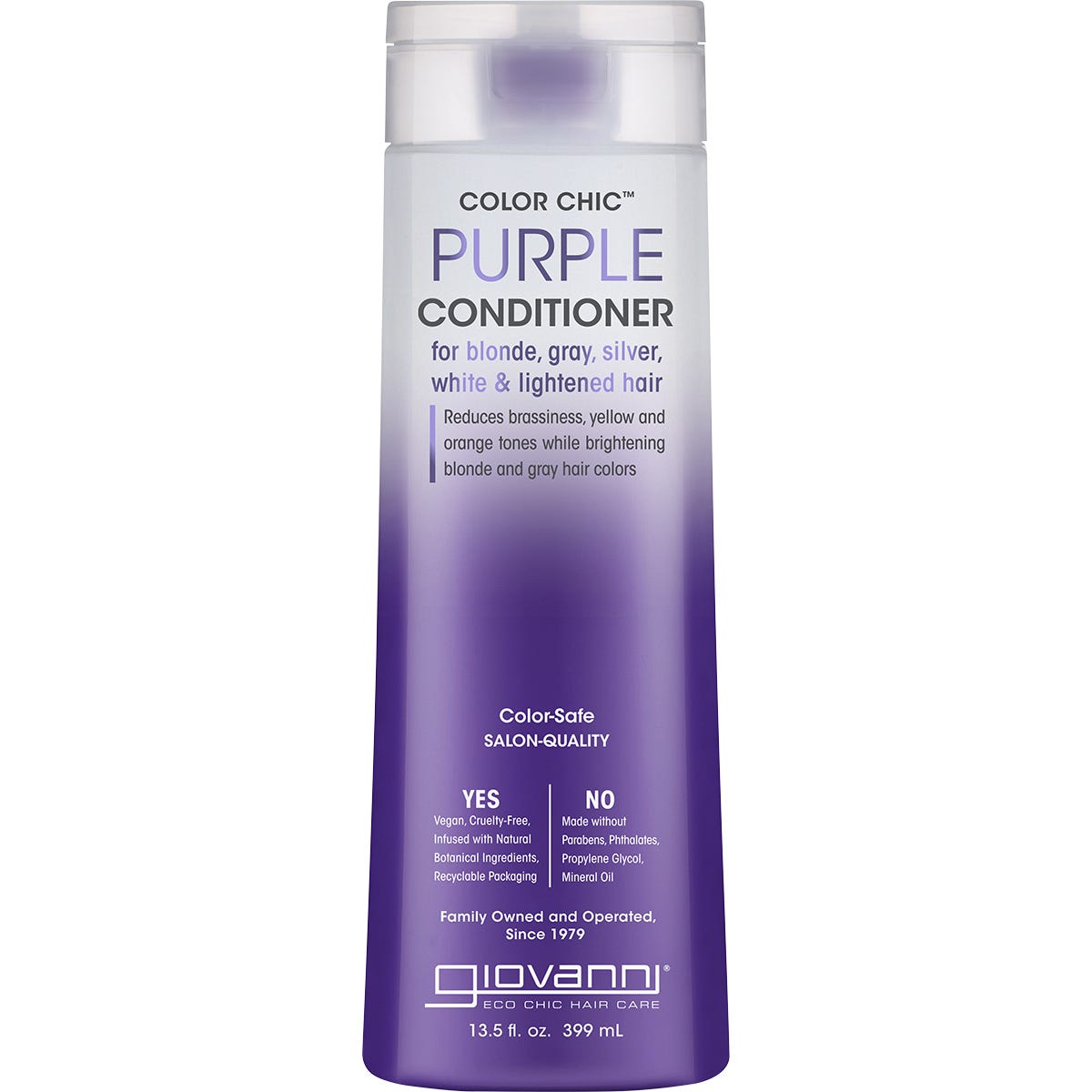 399ml bottle of Giovanni Color Chic Purple Conditioner for blonde and silver hair, featuring a sleek purple label.