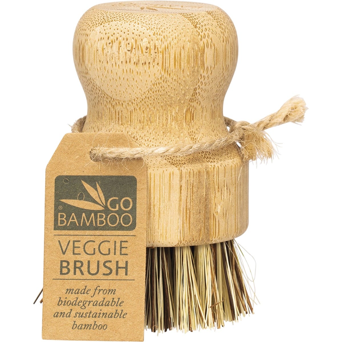 Biodegradable Go Bamboo veggie brush with a natural bamboo handle and stiff bass fibre bristles on a white background.