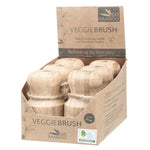 Go Bamboo veggie brush with bamboo handle and stiff bristles, shown with its recycled cardboard swing tag and jute string.