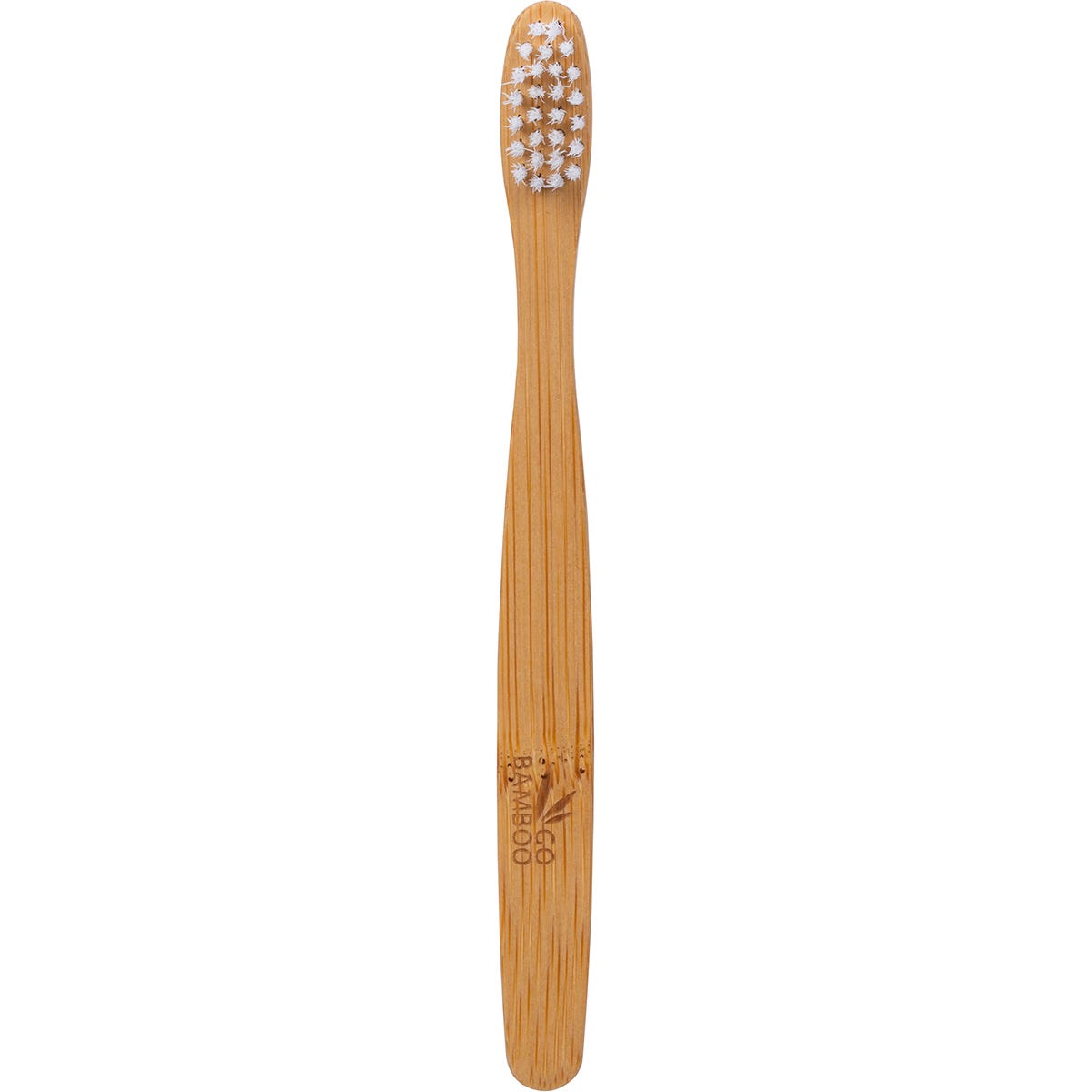 Go Bamboo child's toothbrush with a natural bamboo handle and soft white bristles on a white background.