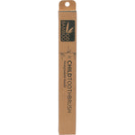 Recycled cardboard box for a Go Bamboo child's toothbrush featuring blue text and a natural, eco-friendly design.