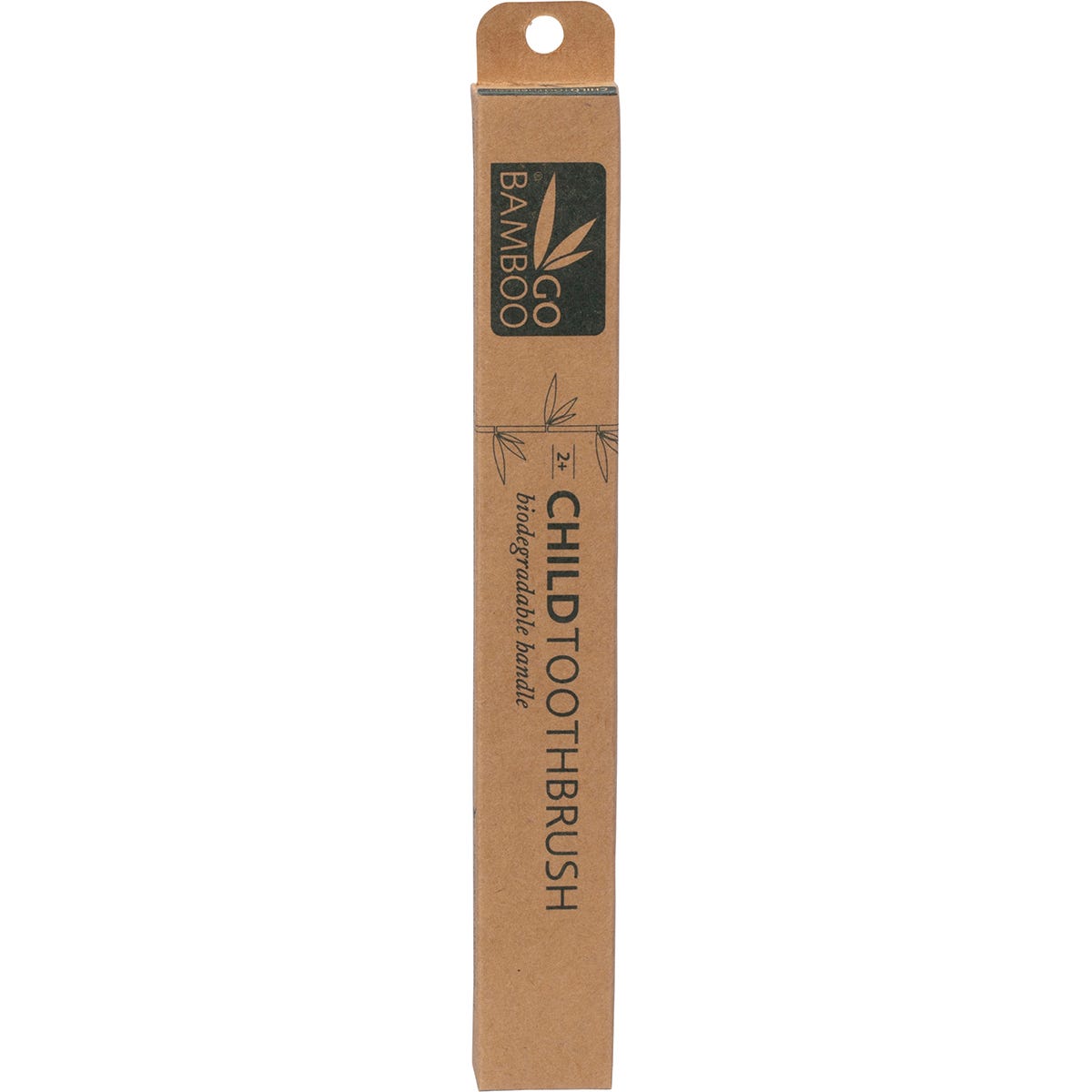 Recycled cardboard box for a Go Bamboo child's toothbrush featuring blue text and a natural, eco-friendly design.