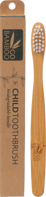 Go Bamboo 12-pack of children's toothbrushes with natural bamboo handles and soft white bristles in a cardboard box.
