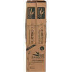 Retail display box holding twelve Go Bamboo children's toothbrushes in eco-friendly cardboard packaging.