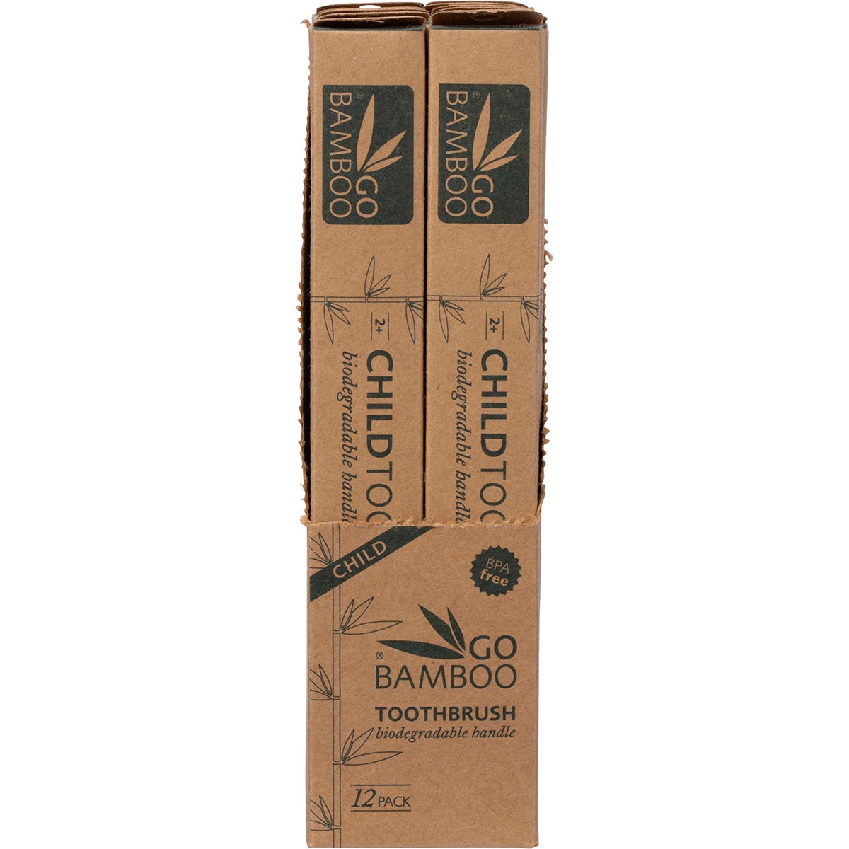 Retail display box holding twelve Go Bamboo children's toothbrushes in eco-friendly cardboard packaging.