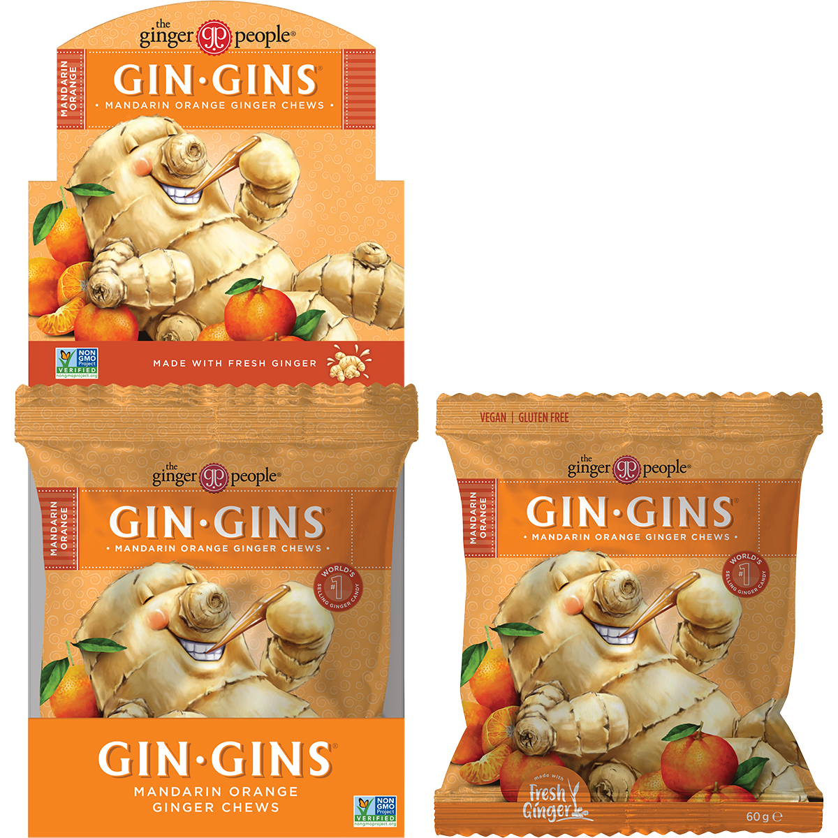 The Ginger People Gin Gins Mandarin Orange Ginger Chews 60g (Pack of 12)