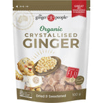 The Ginger People Organic Crystallised Ginger 100g box with ginger pieces and gold botanical illustrations.