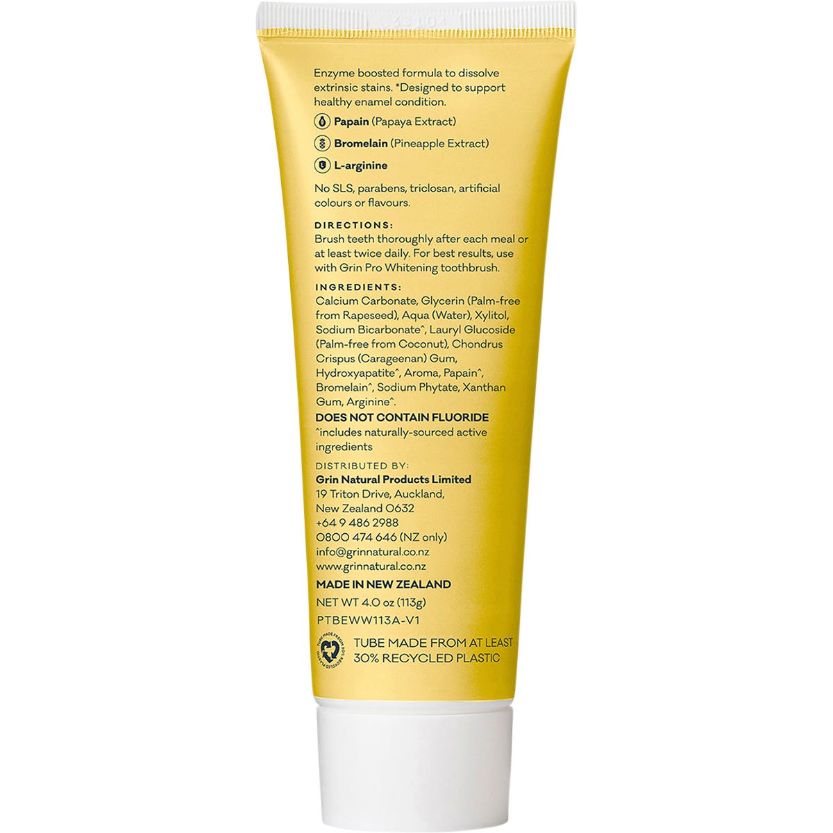 Back of Grin Pro Enzyme Whitening Toothpaste tube with nutrition facts, ingredients, and usage directions.
