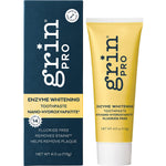 Grin Pro Enzyme Whitening Toothpaste 113g tube and box, highlighting natural ingredients and 14-day visible results.