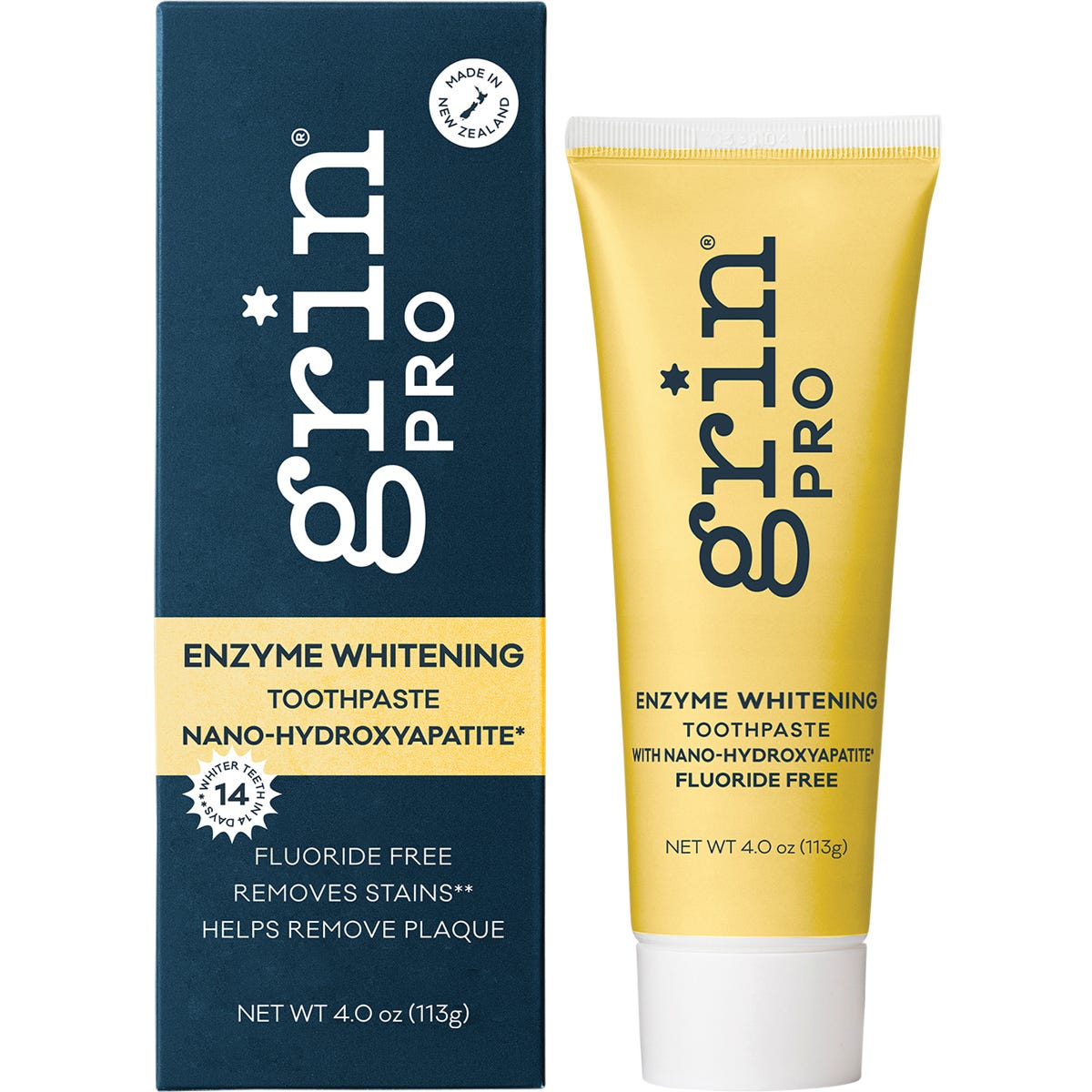 Grin Pro Enzyme Whitening Toothpaste 113g tube and box, highlighting natural ingredients and 14-day visible results.