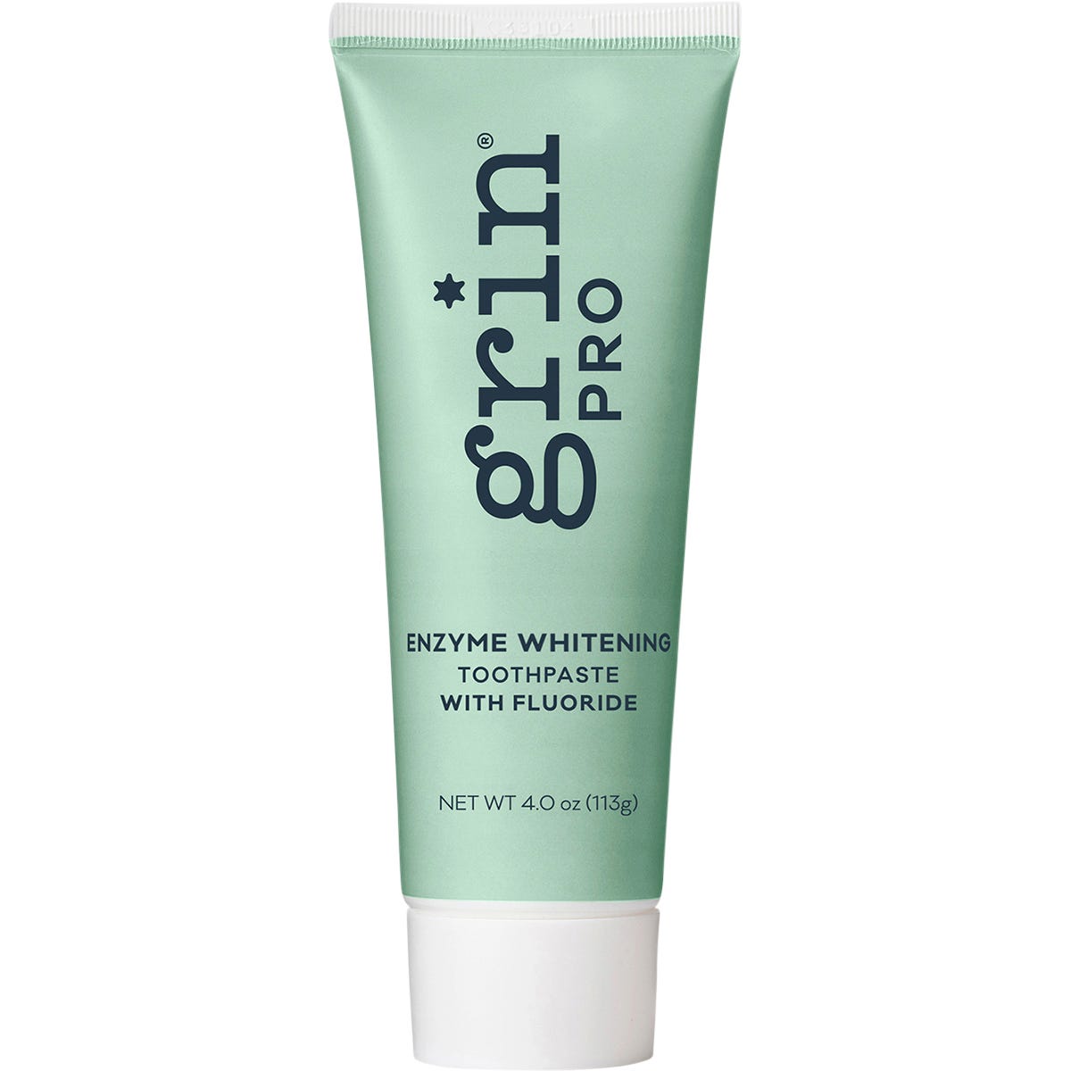 Grin Pro Enzyme Whitening with Fluoride 113g toothpaste tube featuring purple and white packaging on a white background.