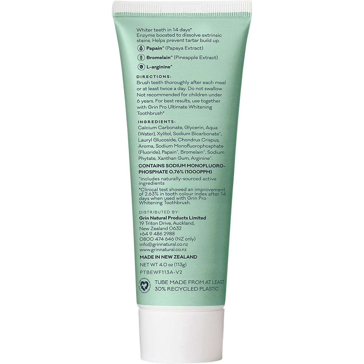 Back of Grin Pro Enzyme Whitening 113g toothpaste tube with ingredients and usage instructions.