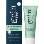 Grin Pro Enzyme Whitening with Fluoride 113g toothpaste tube and box featuring purple and white packaging.