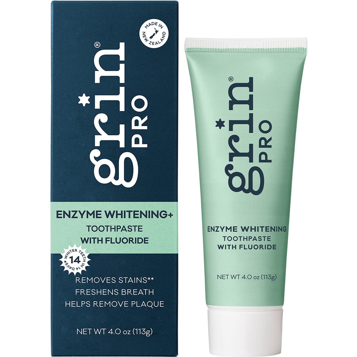 Grin Pro Enzyme Whitening with Fluoride 113g toothpaste tube and box featuring purple and white packaging.