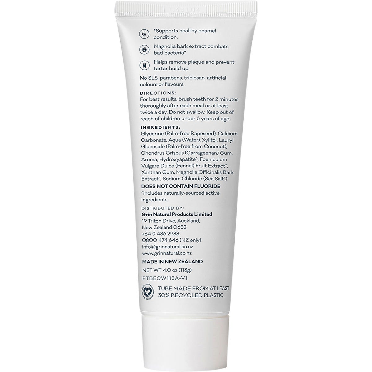 Back of a Grin Pro Enamel Care Toothpaste 113g tube with nutrition facts, ingredients, and directions for use.