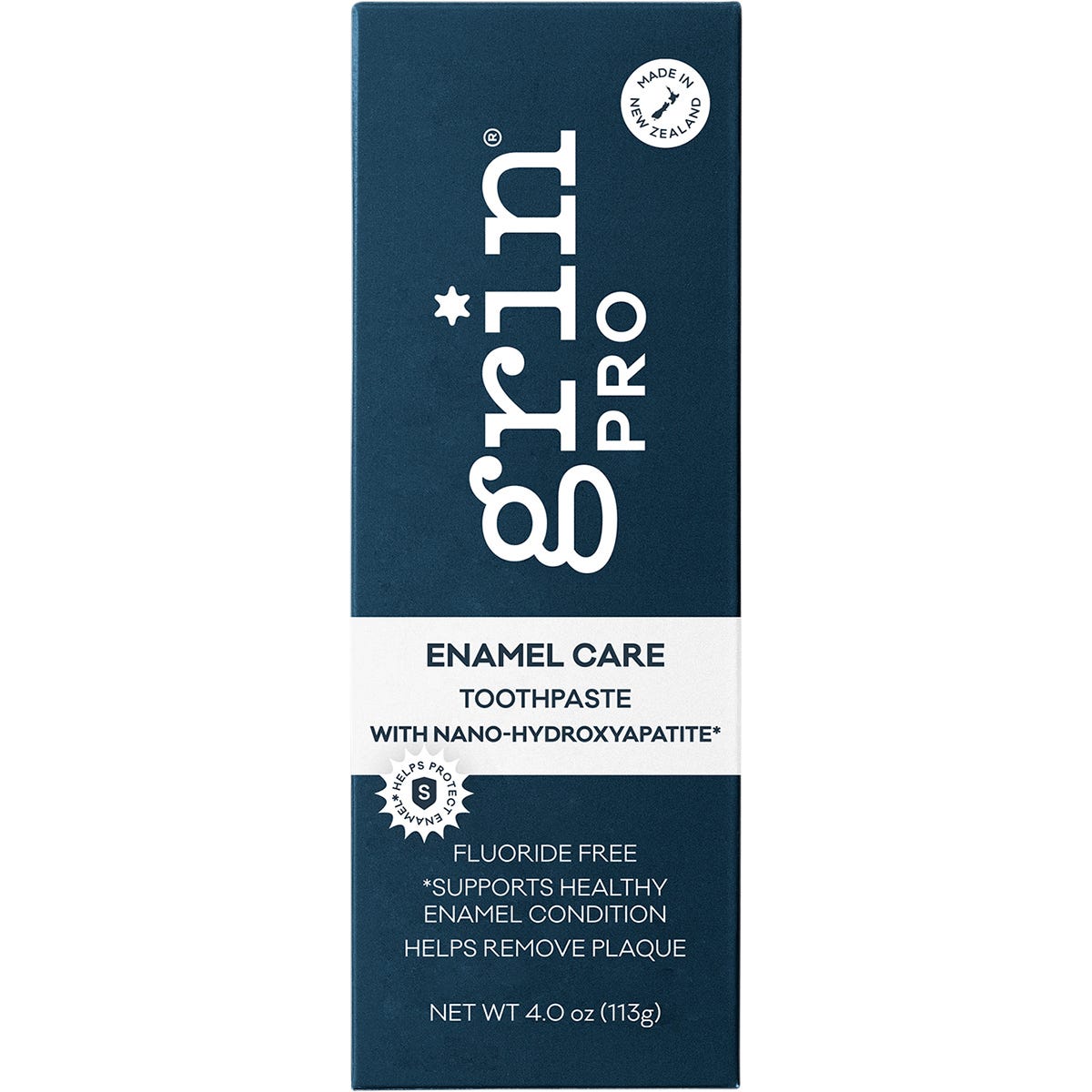 Front of Grin Pro Enamel Care Toothpaste box with blue and white design on a clean white background.