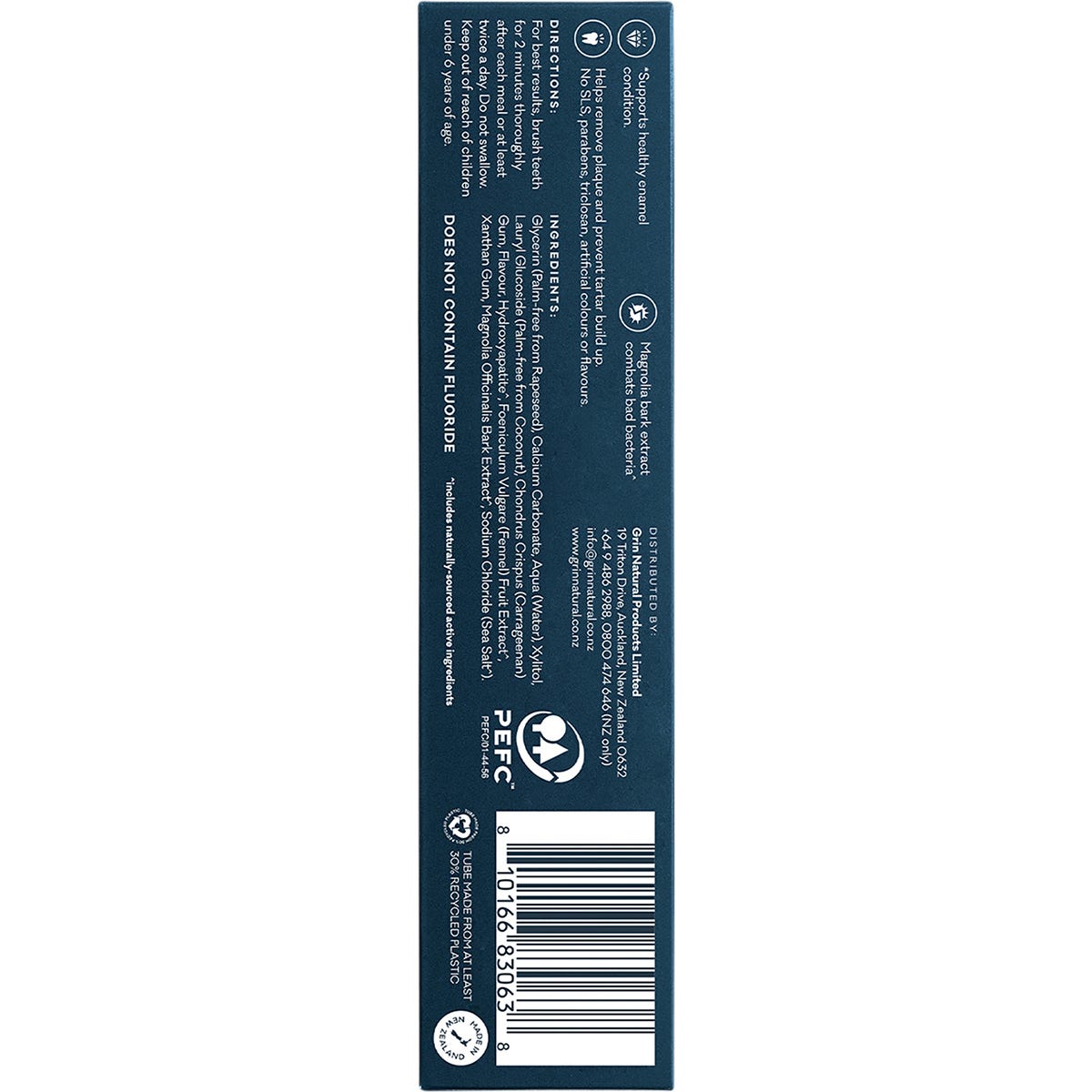 Back of Grin Pro Enamel Care Toothpaste box showing ingredients, directions, and product warnings on a blue and white label.