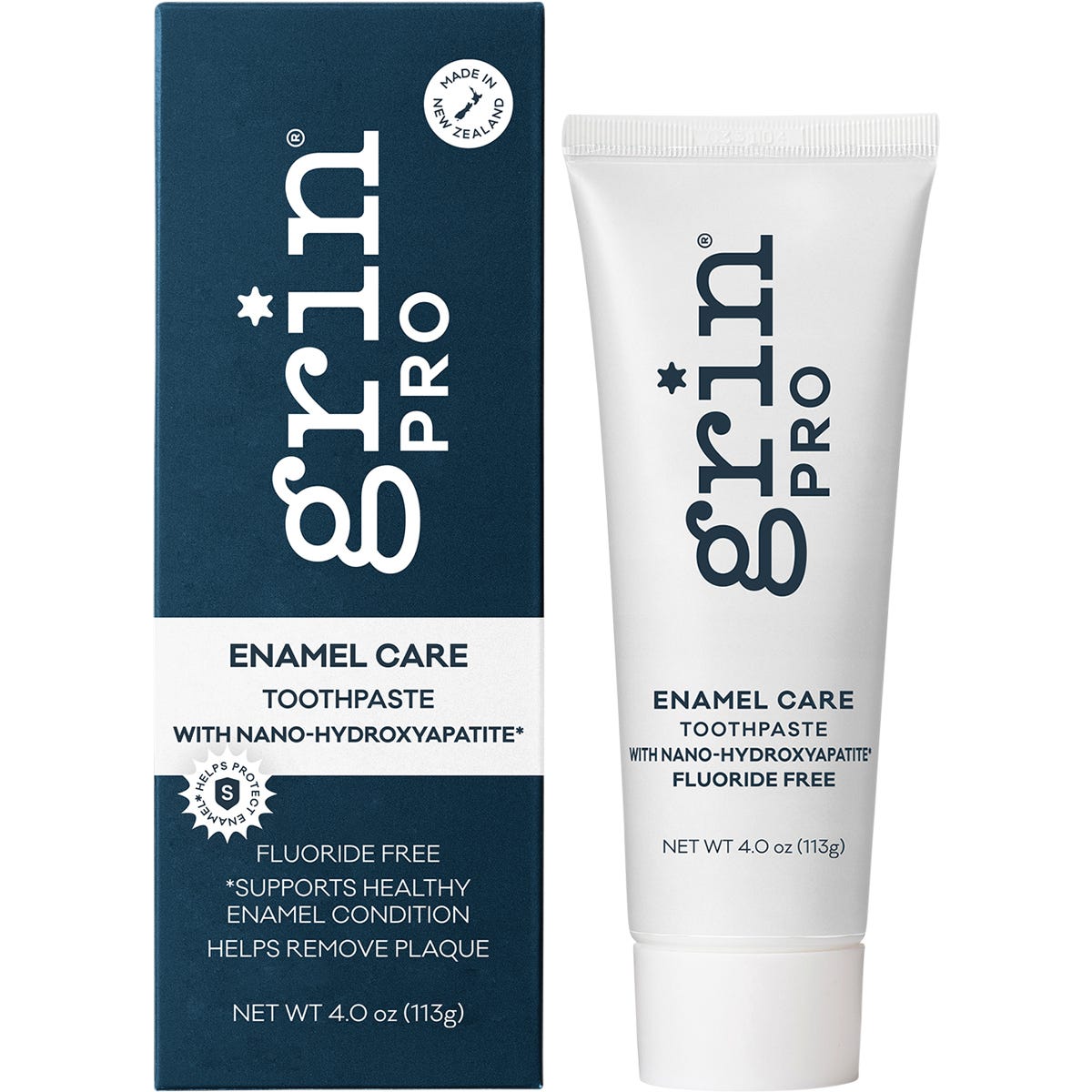 Grin Pro Enamel Care Toothpaste 113g tube and box featuring nano-hydroxyapatite for enamel support.