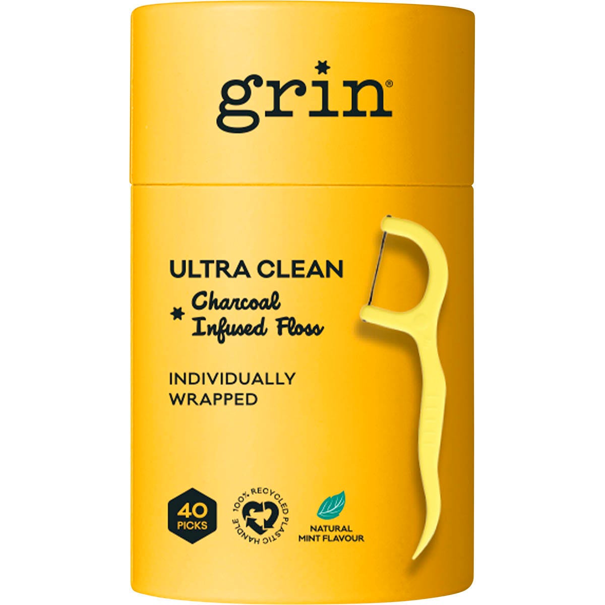 Grin 40-pack of charcoal-infused floss picks featuring recycled black handles and a built-in pick for dental cleaning.