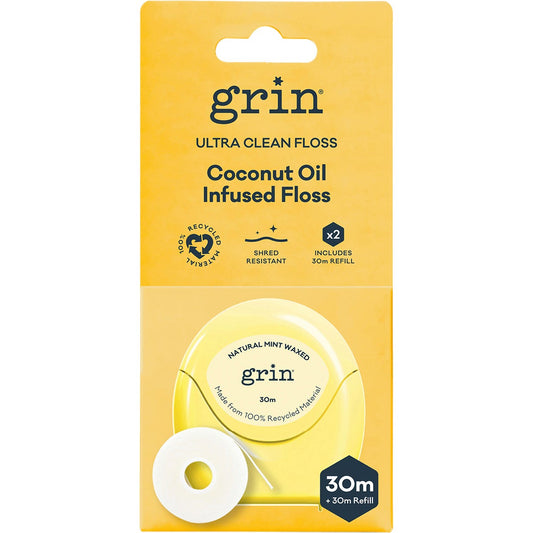 Grin Ultra Clean Floss Coconut Oil Infused 30m + Refill 2 Pack (Pack of 8)