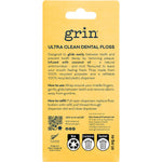 Back of Grin coconut oil floss packaging showing directions for use and benefits on a white background.
