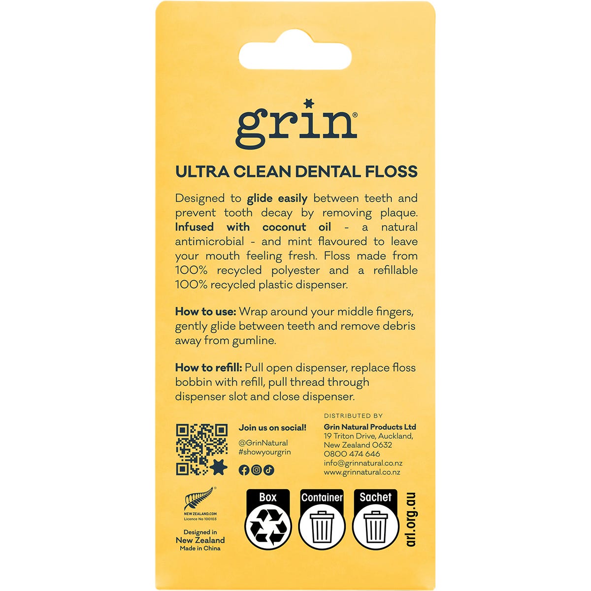 Back of Grin coconut oil floss packaging showing directions for use and benefits on a white background.