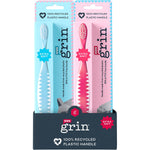 Pack of 8 Grin kids' recycled toothbrushes with extra soft bristles in pink and blue.