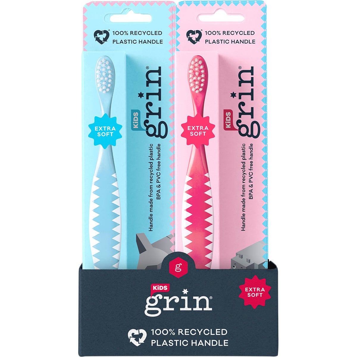 Pack of 8 Grin kids' recycled toothbrushes with extra soft bristles in pink and blue.