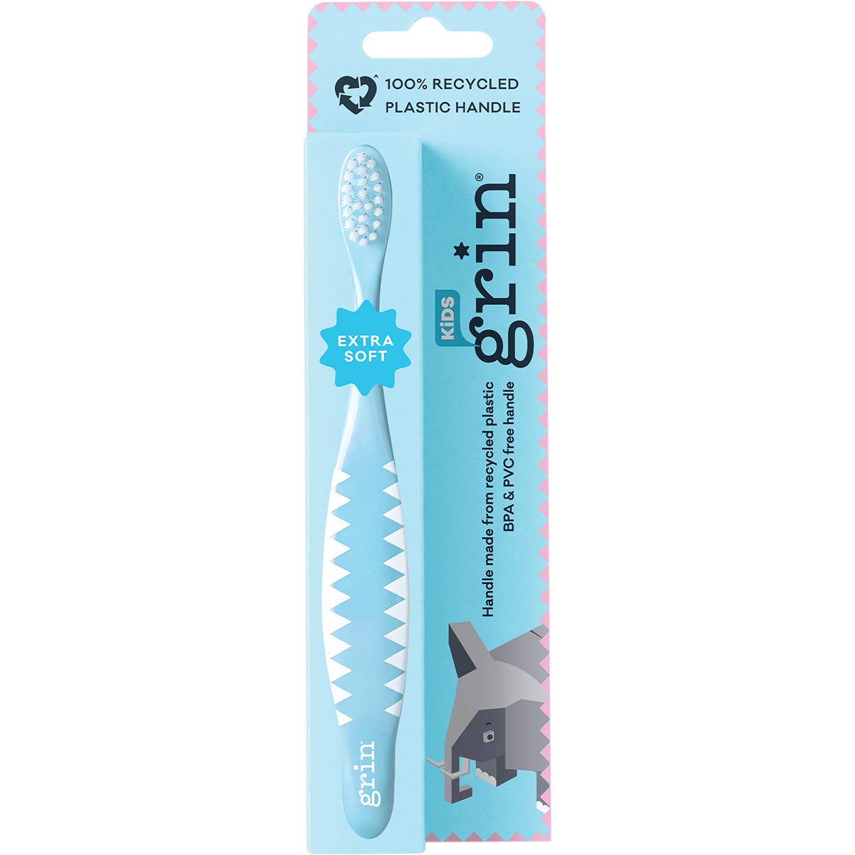 Grin kids' recycled toothbrush in pink and blue with extra soft bristles, designed for small hands and gentle gum care.