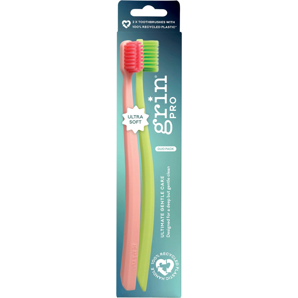 Two-pack of pink and green Grin Pro Ultimate Gentle ultra-soft toothbrushes with 100% recycled handles.