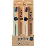 Pack of 8 Grin 100% recycled ivory toothbrushes with soft mint bristles in clear and cardboard packaging.