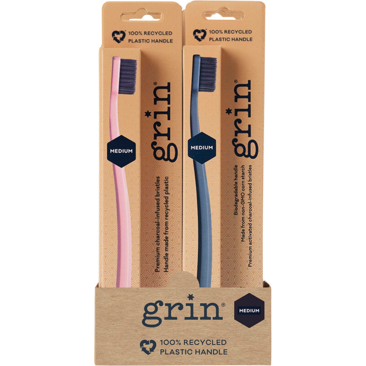 8-pack of Grin 100% recycled medium toothbrushes in pink and charcoal with charcoal-infused bristles.