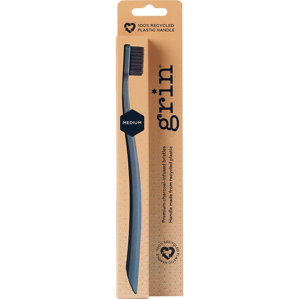 Grin 100% recycled medium toothbrushes in pink and charcoal with charcoal-infused bristles.