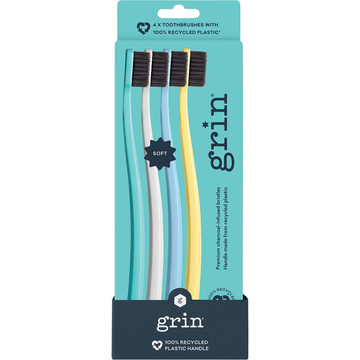Four-pack of Grin 100% recycled soft toothbrushes in vibrant summer colors with charcoal-infused bristles.