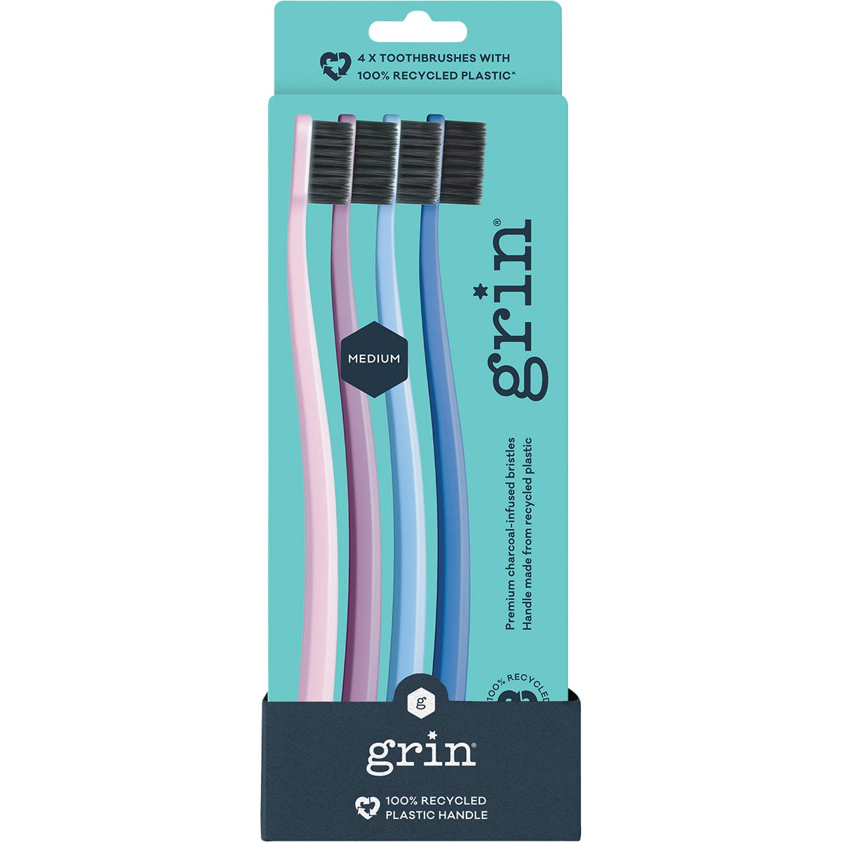 Pack of 8 Grin 100% recycled medium purple toothbrushes with charcoal-infused bristles in eco-friendly packaging.