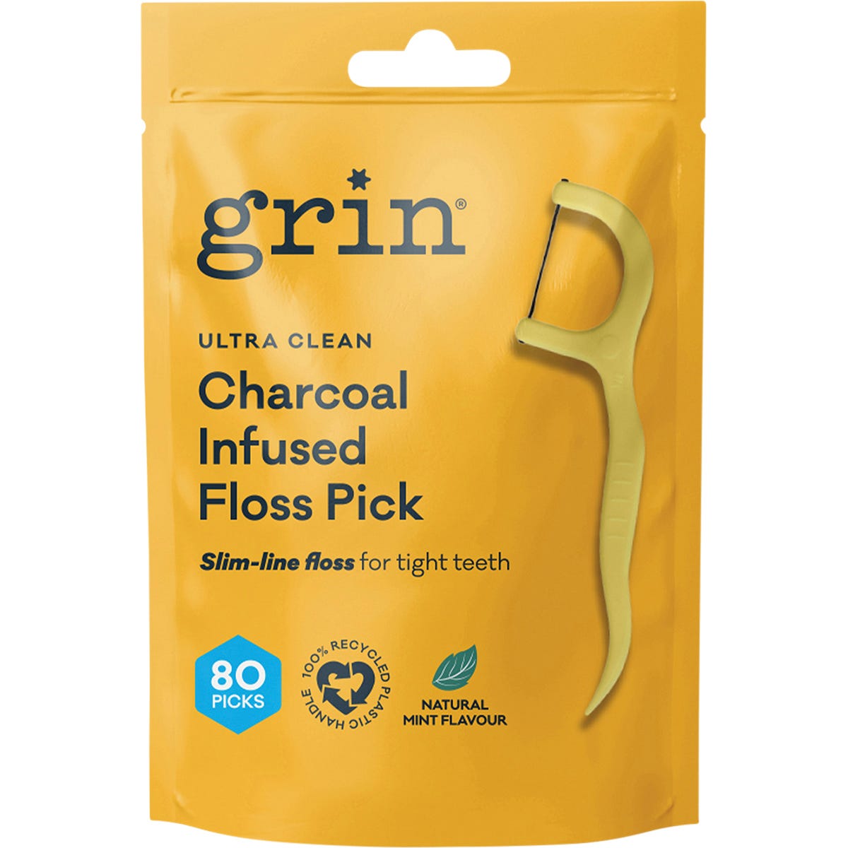 80-pack of Grin Ultra Clean charcoal-infused floss picks in a clear canister with a 100% recycled black handle.