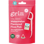 80-pack of Grin Ultra Smooth Watermelon Flavoured Floss Picks in a clear canister with 100% recycled handles.