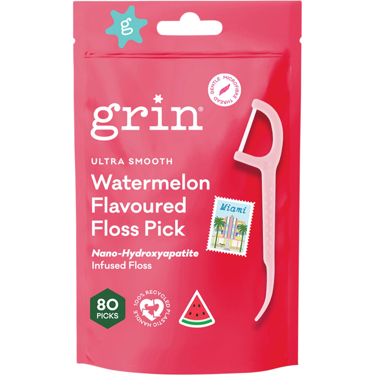 80-pack of Grin Ultra Smooth Watermelon Flavoured Floss Picks in a clear canister with 100% recycled handles.