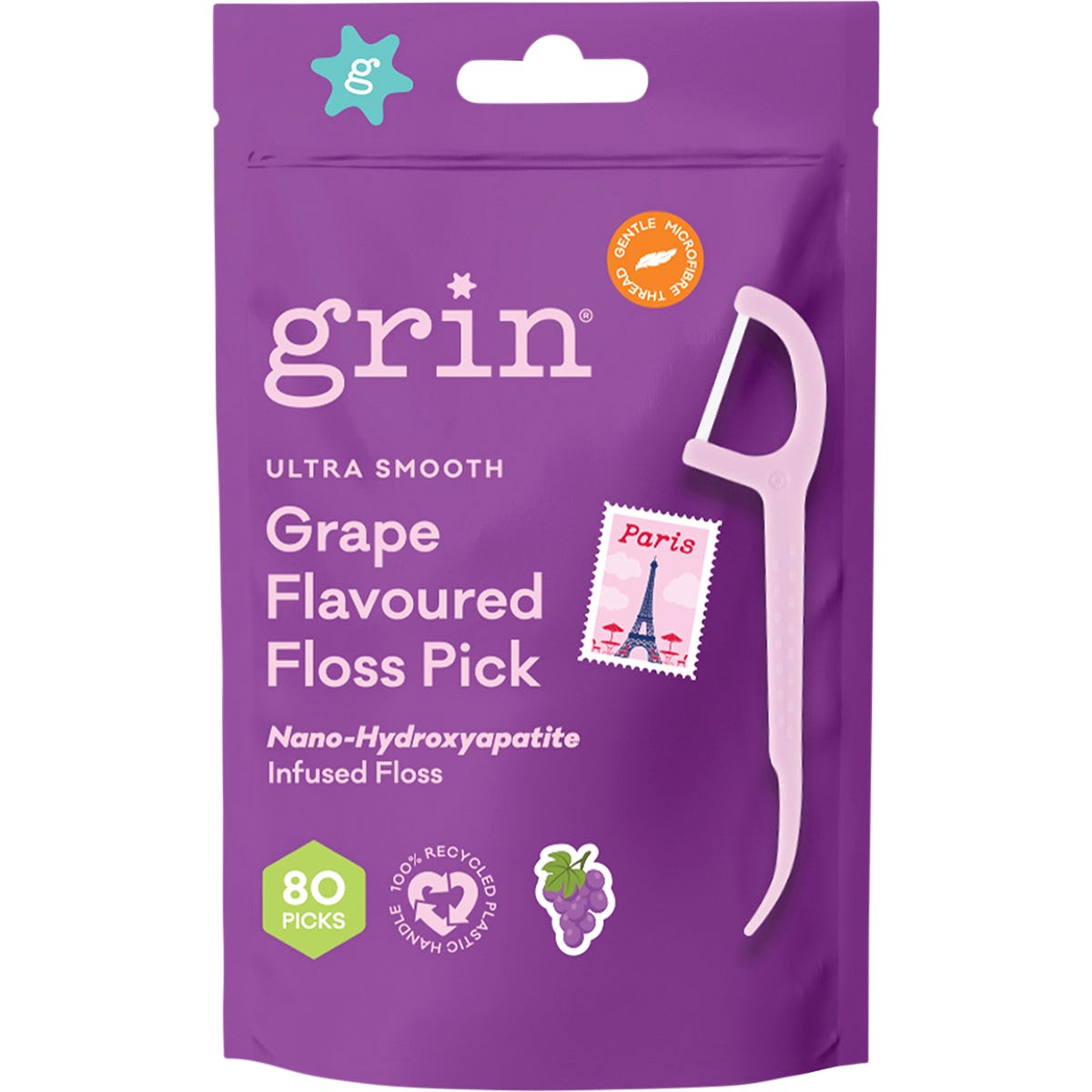80-pack canister of Grin grape-flavoured ultra smooth floss picks with recycled plastic handles.