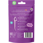 Back of a Grin grape floss picks canister showing product details, usage instructions, and ingredients on a white background.