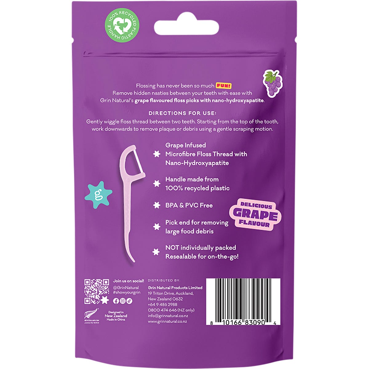 Back of a Grin grape floss picks canister showing product details, usage instructions, and ingredients on a white background.