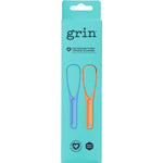 Grin orange and blue 100% recycled plastic tongue cleaners in a 2-pack for effective bacteria removal.