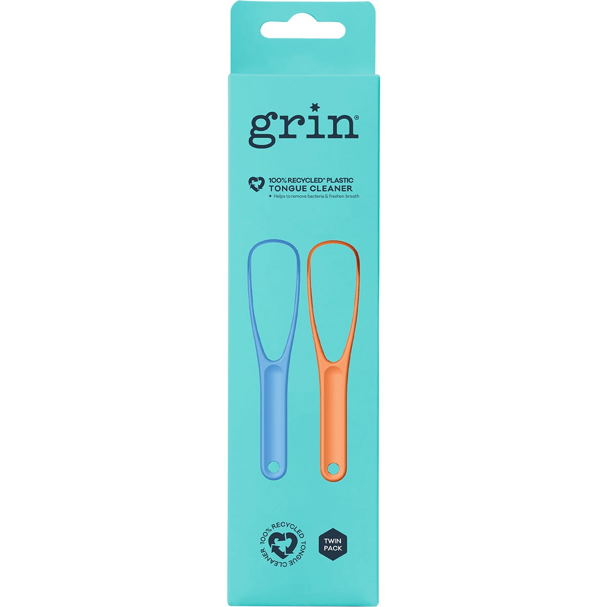 Grin orange and blue 100% recycled plastic tongue cleaners in a 2-pack for effective bacteria removal.