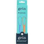 Grin 2-pack orange and blue recycled plastic tongue cleaners in a white display box with brand logo.